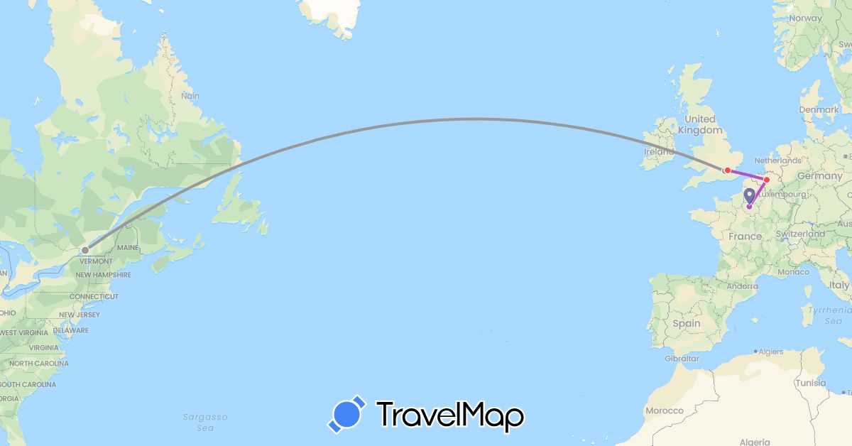 TravelMap itinerary: driving, plane, train, hiking in Belgium, Canada, France, United Kingdom (Europe, North America)
